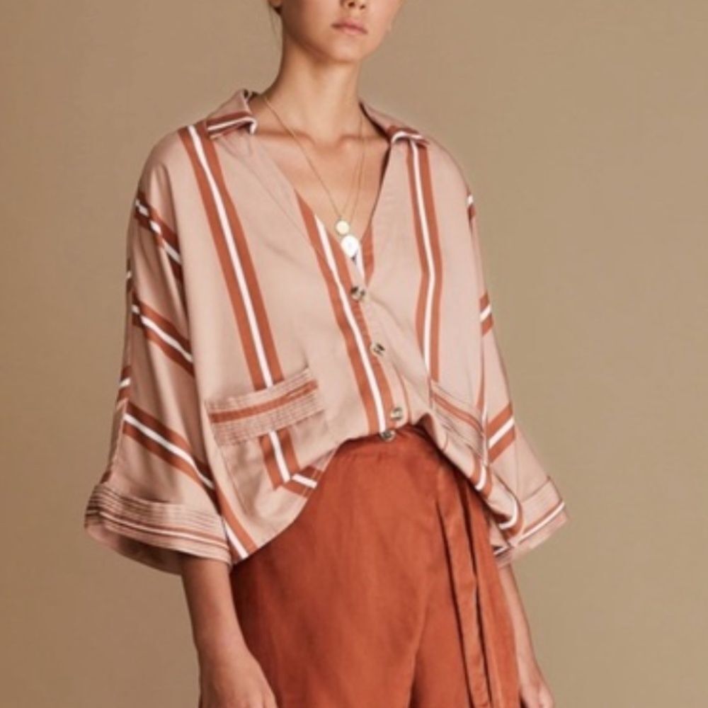 Sancia Women's Peach Striped Button Down Short Sleeve Loose Blouse Size Large